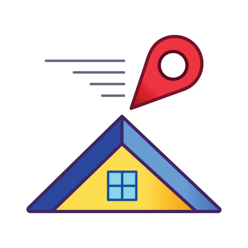 Colored Rushing to go home vector icon. Destination symbol with house building roof element drawing. Outlined drawing isolated on square background. Simple flat outlined cartoon art styled drawing.