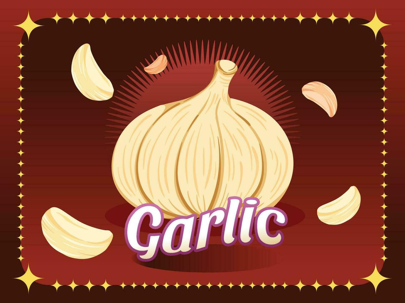 Garlic cooking ingredients decorative vector illustration element isolated on gradient red circus and stars themed background vibes. Cartoon art styled plant clove drawing.