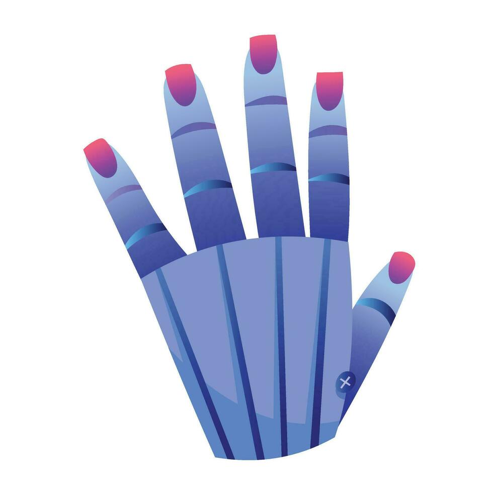 Blue gradient robot machine. Left back of the hand with red colored polished painted nails vector illustration isolated on white square background. Cartoon art styled drawing.