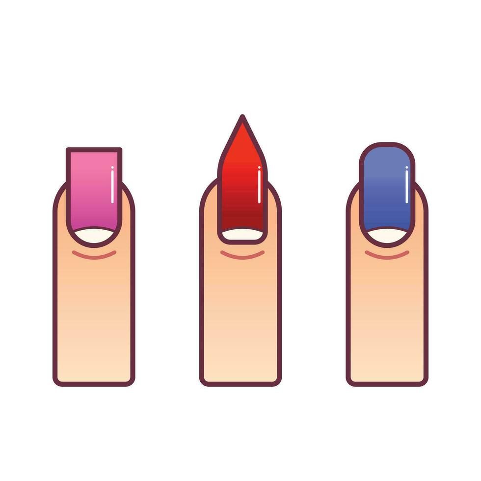 Colored outlined three human finger nails shape after polished and painted vector icon illustration isolated on square white background. Simple flat cartoon art styled drawing.