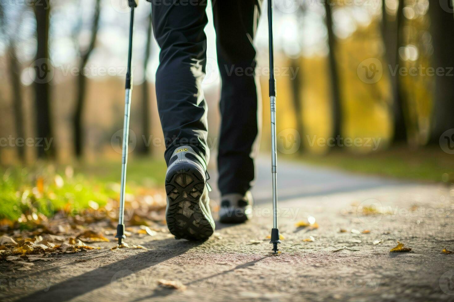 Man practicing nordic walking with poles outdoor. Generate Ai photo