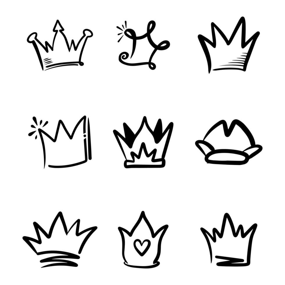 Doodle set crown line art, vector illustration.