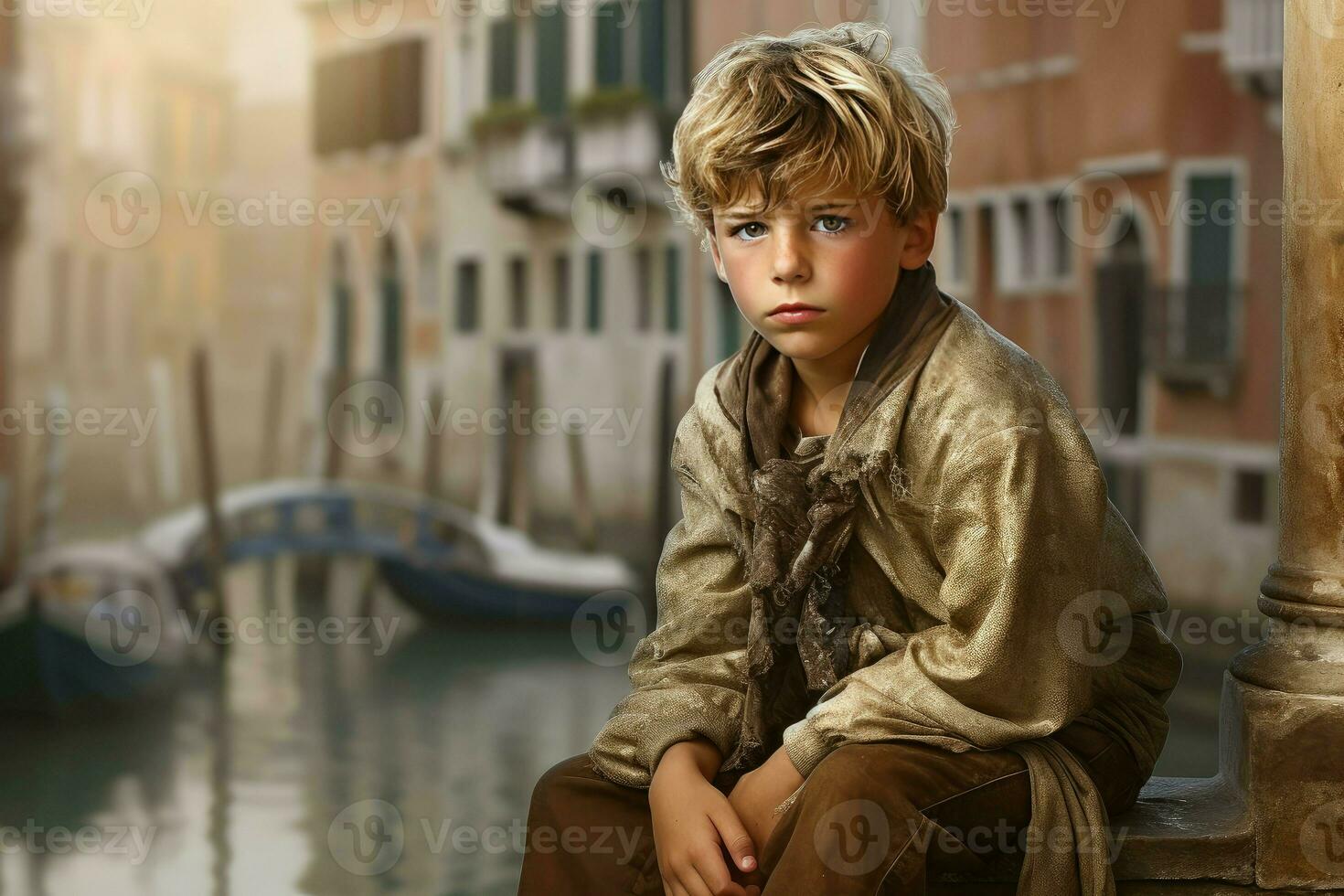 Rustic Child old venice. Generate Ai photo