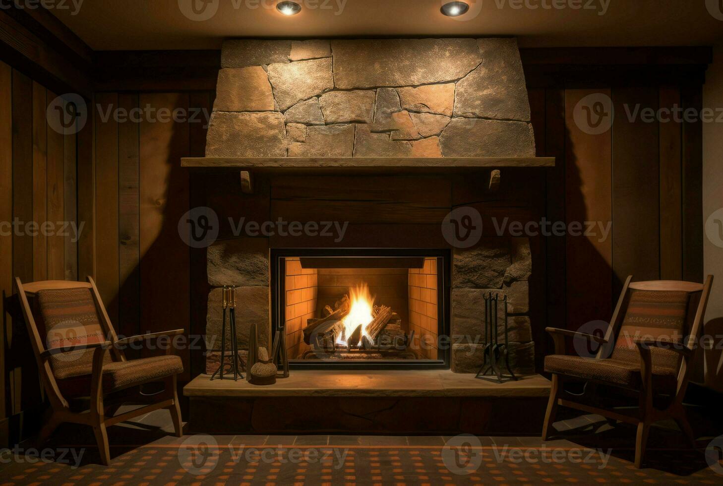 Warm fireplace with wooden armchairs. Generate ai photo