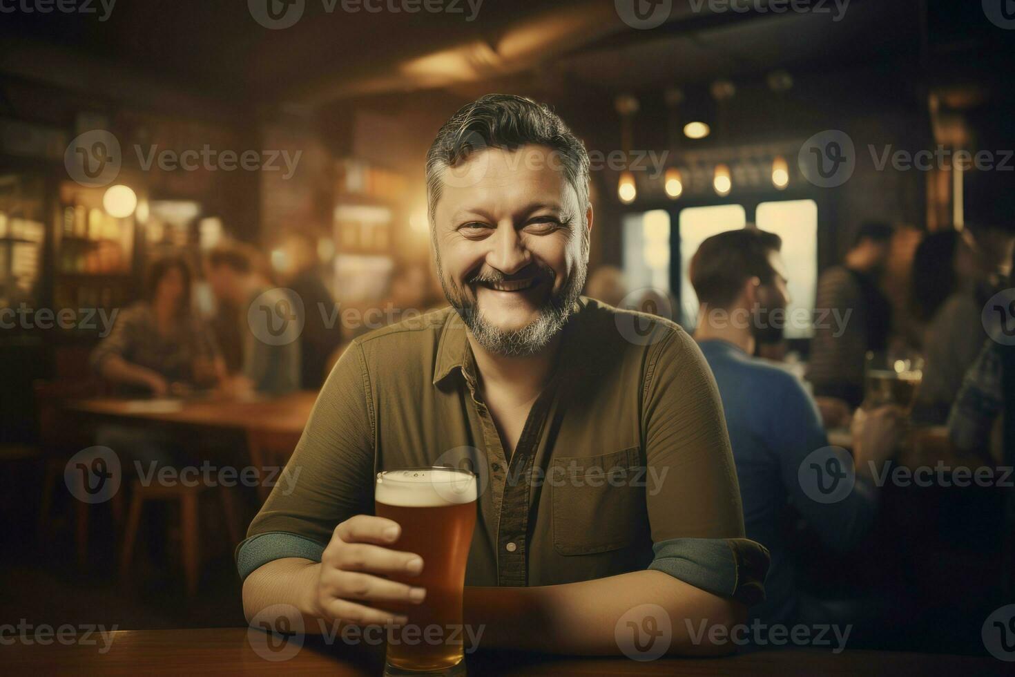 Portrait of cheerful chunky man sitting in pub. Generate ai photo