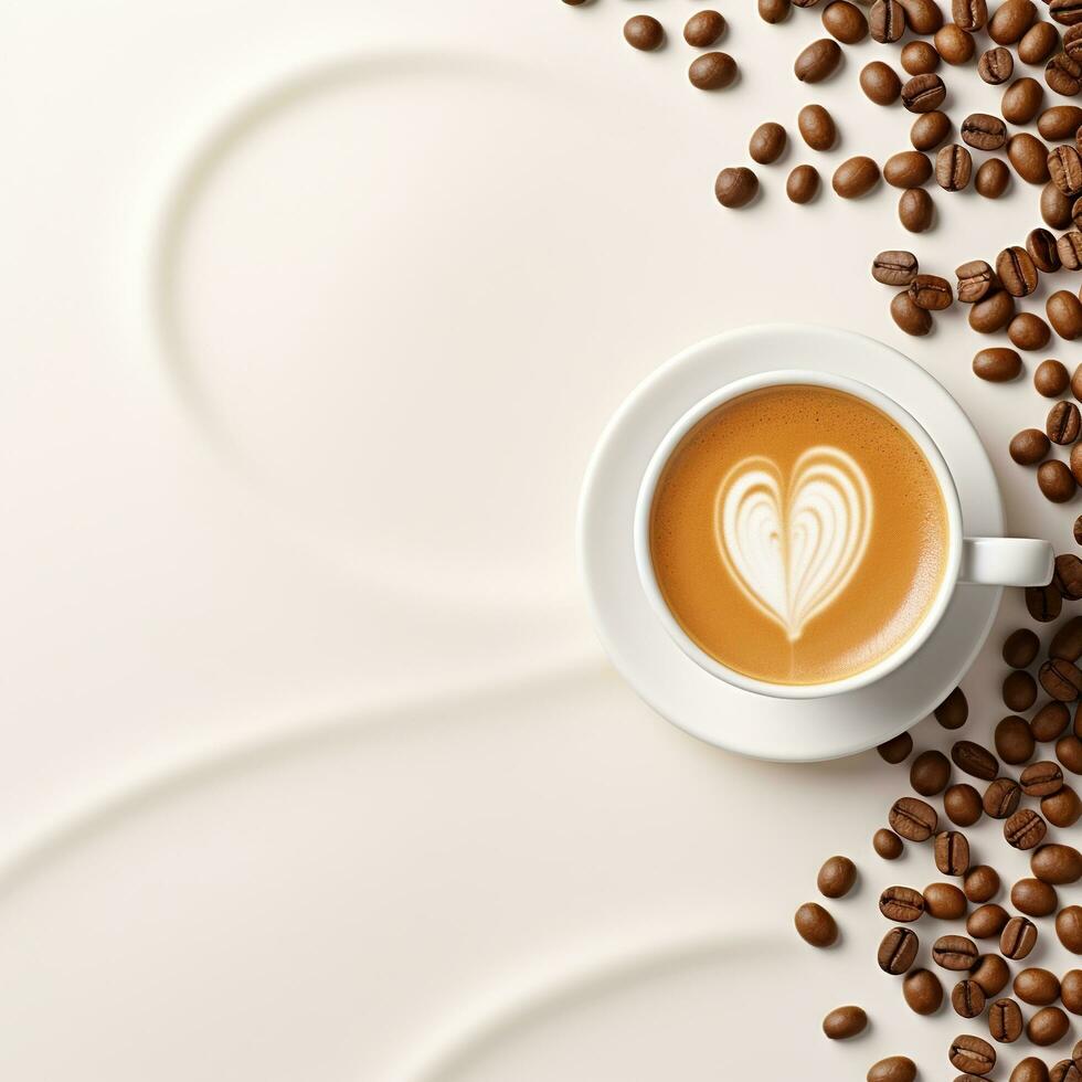 Cup of coffee on a white background, empty space for design, grains, surface, banner photo