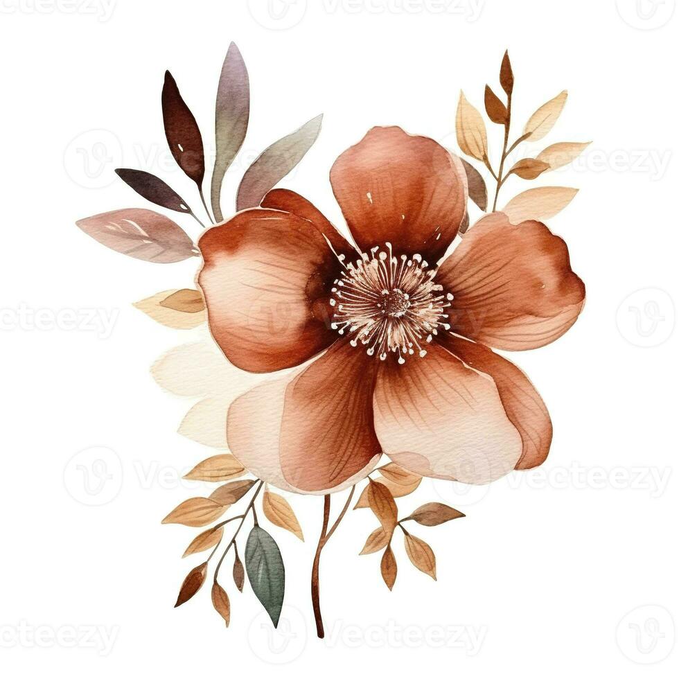 Abstract watercolor flower in boho style, brown beige color, isolated illustration on white background. Generative AI photo