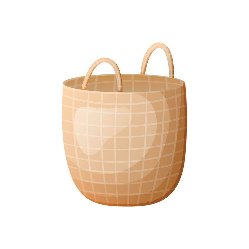 Isolated cartoon wicker basket for home decor with handles. vector