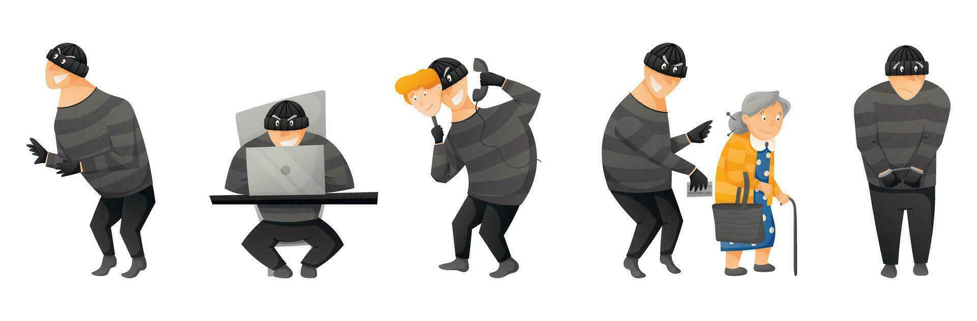 Set of vector isolated illustrations, telephone or computer scammer, a man in a balaclava and gloves. The concept of online crime, cybercrime or theft.