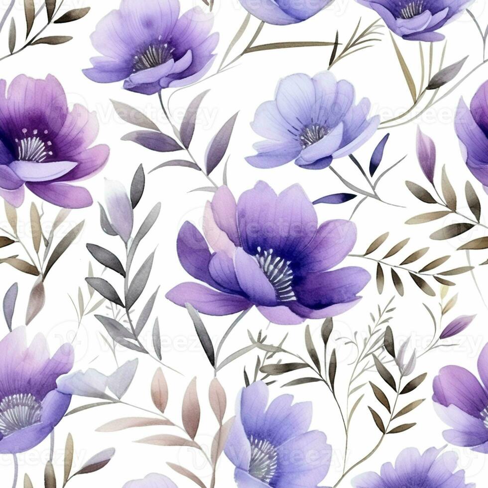 Watercolor seamless pattern of purple flowers. Wildflowers, forget-me-nots, anemones, buttercups. Print, digital paper, packaging, summer print photo