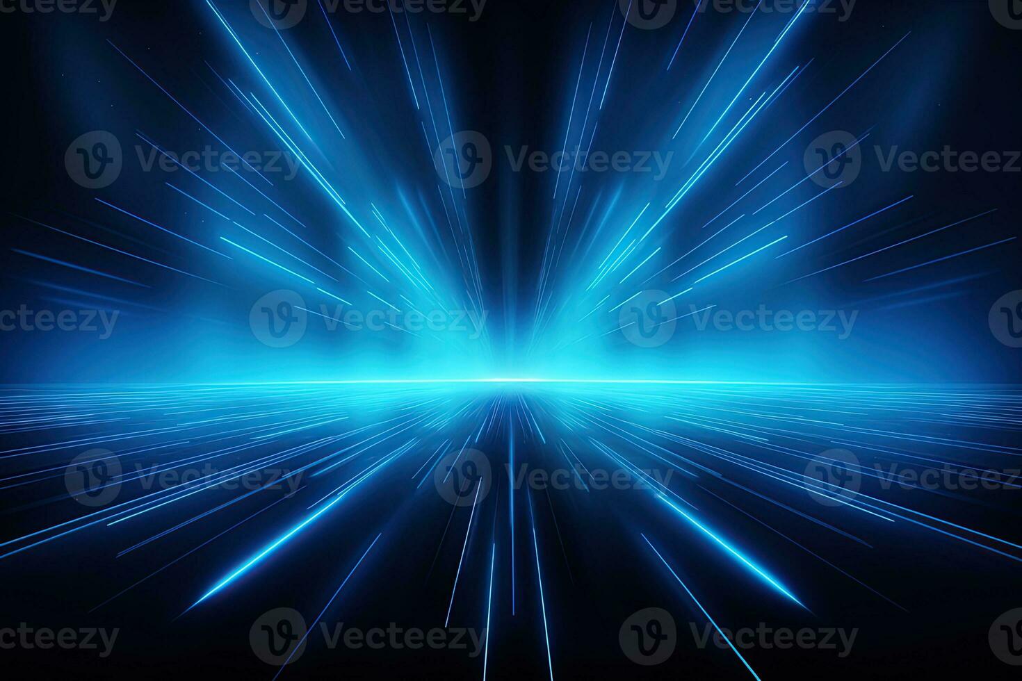 Abstract neon blue background, cyber space, parallel universe, lines, stripes, glow. AI generated photo