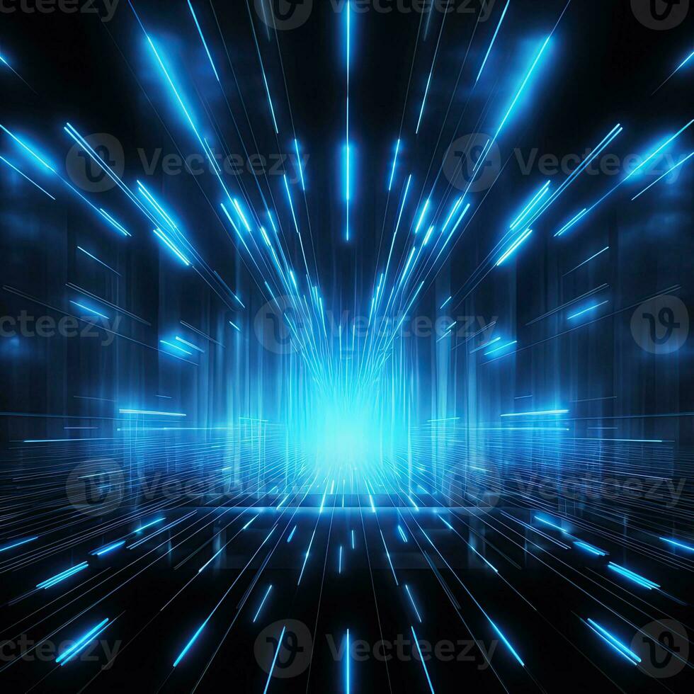 Abstract neon blue background, cyber space, parallel universe, lines, stripes, glow. AI generated photo