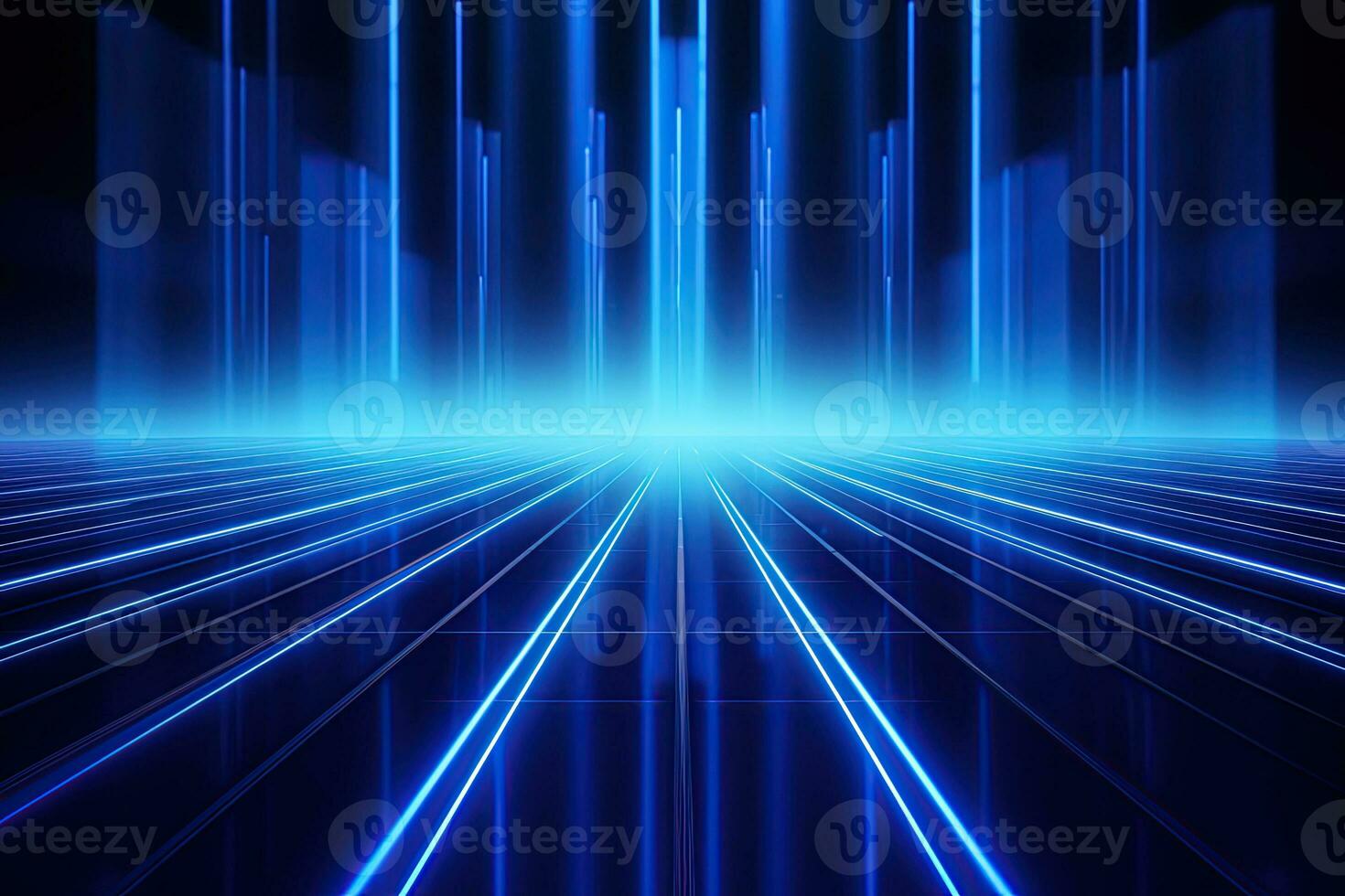 Abstract neon blue background, cyber space, parallel universe, lines, stripes, glow. AI generated photo