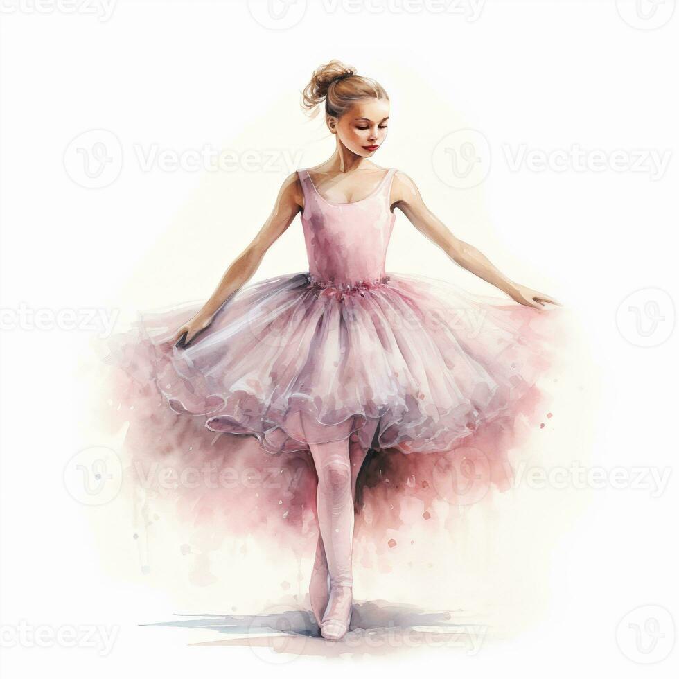 linda acuarela ilustración de un bailarina, rosado tutú, pointe zapatos, lleno longitud agraciado Delgado niña foto