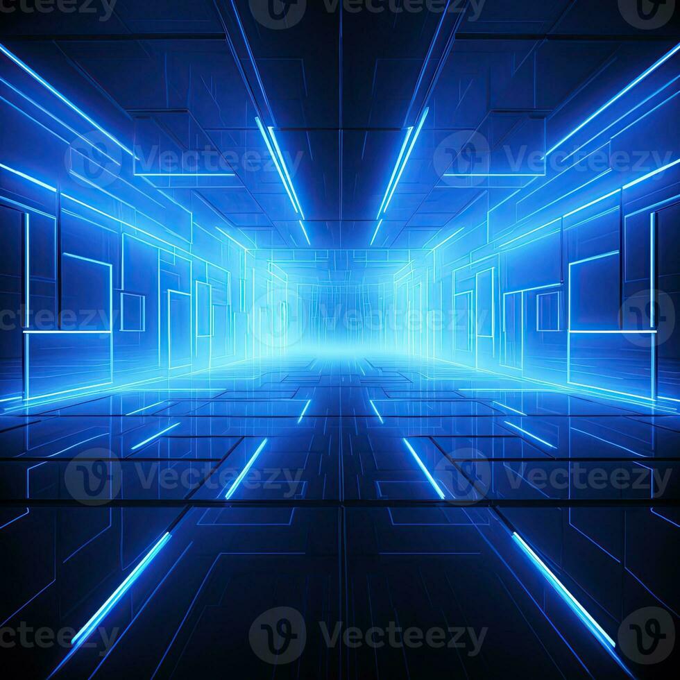 Abstract neon blue background, cyber space, parallel universe, lines, stripes, glow. AI generated photo