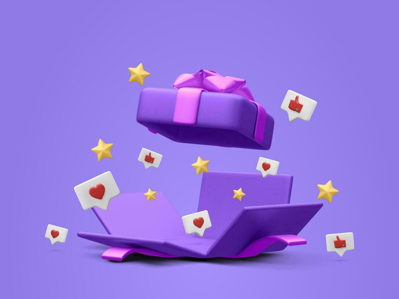 3d realistic open gift box with thumbs up, hearts and stars. Vector illustration