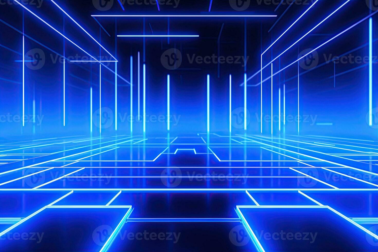 Abstract neon blue background, cyber space, parallel universe, lines, stripes, glow. AI generated photo