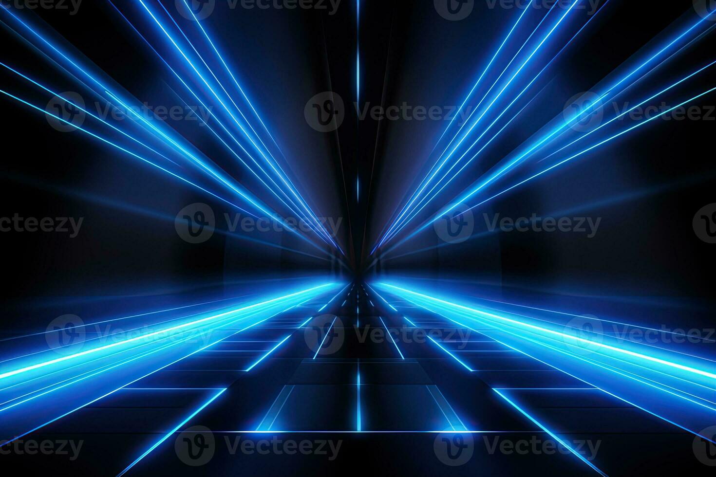 Abstract neon blue background, cyber space, parallel universe, lines, stripes, glow. AI generated photo