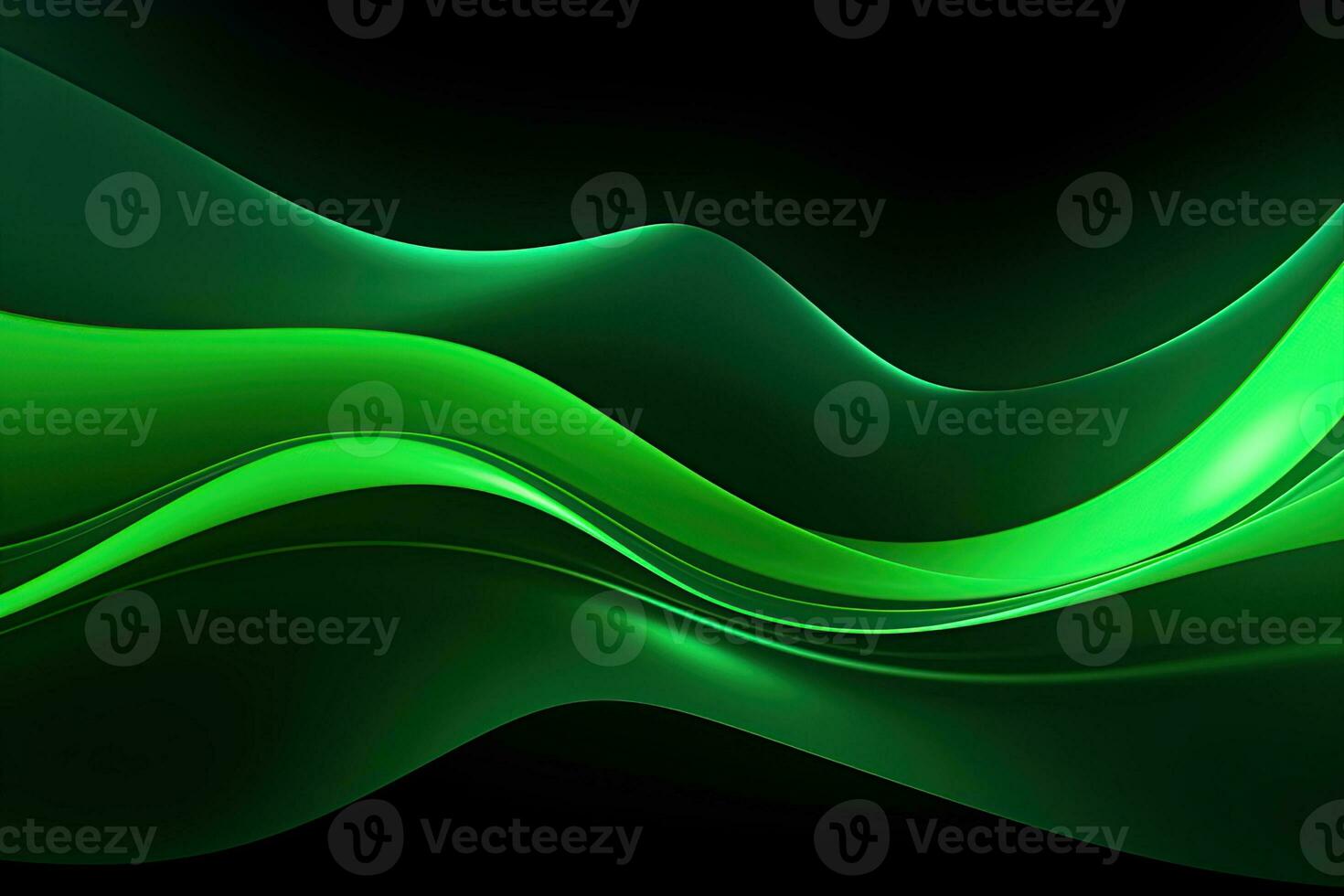 Dark abstract neon background, bright green waves photo