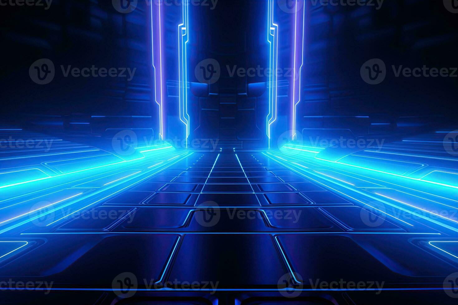 Abstract neon blue background, cyber space, parallel universe, lines, stripes, glow. AI generated photo