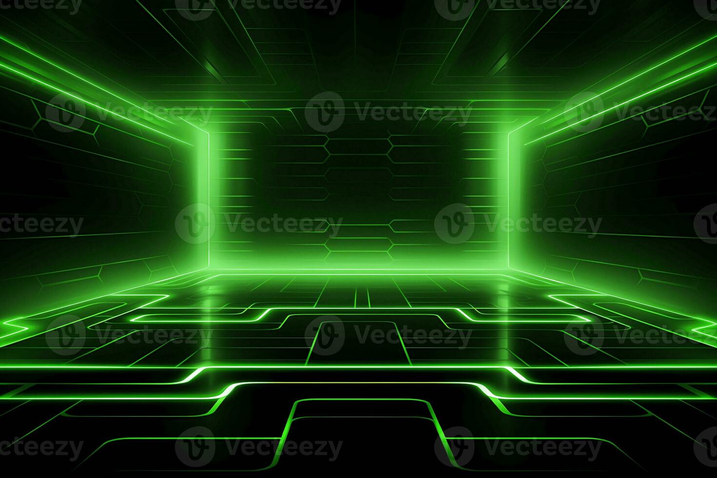 Abstract neon green background, cyber space, parallel universe, lines, stripes, glow. AI generated photo