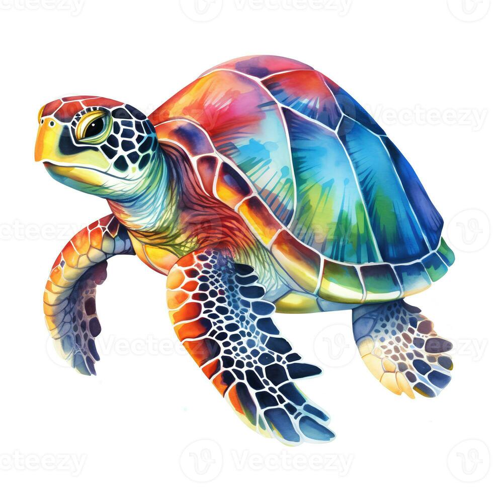 Beautiful watercolor illustration of a colorful turtle on a white background photo