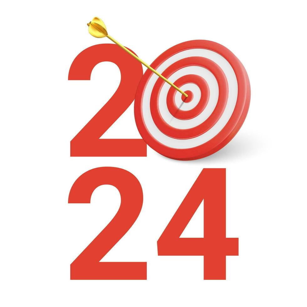 New Year realistic target and goals with symbol of 2024 from red target