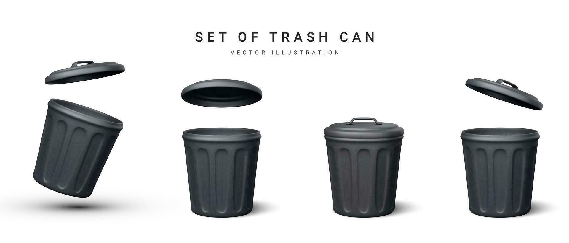 Set of 3d realistic black trash can on white background. Vector illustration