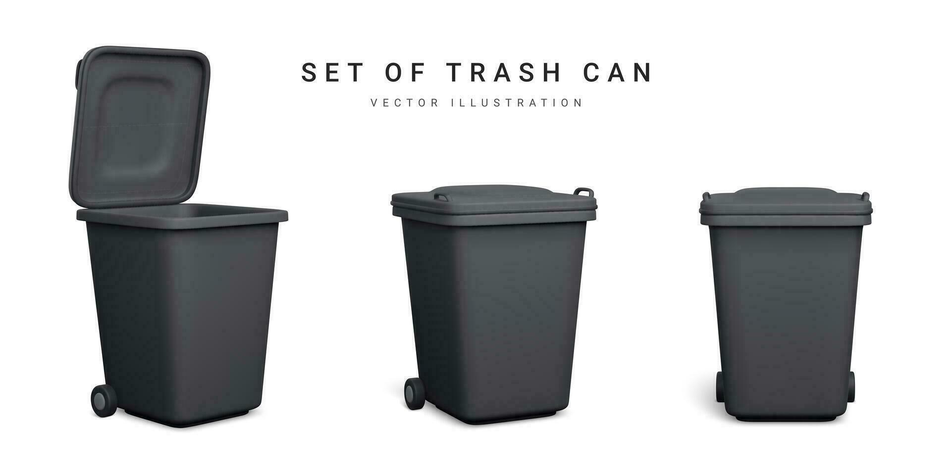 Set of 3d realistic black trash cans isolated on white background. Vector illustration