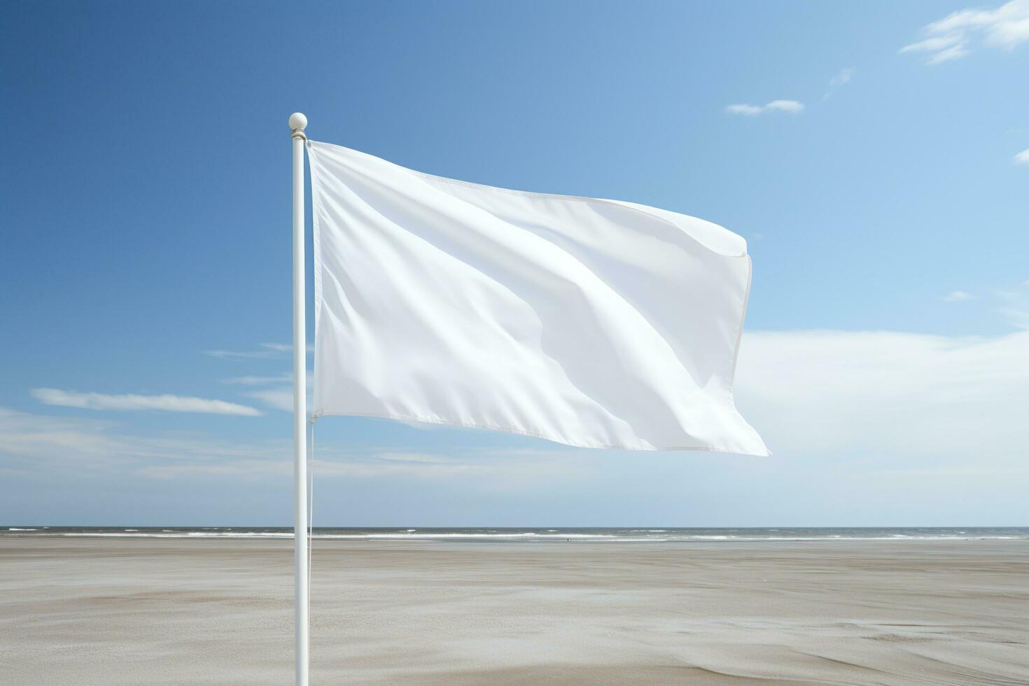 An empty white waving flag on a clear sky in a vacant lot. Generative AI photo