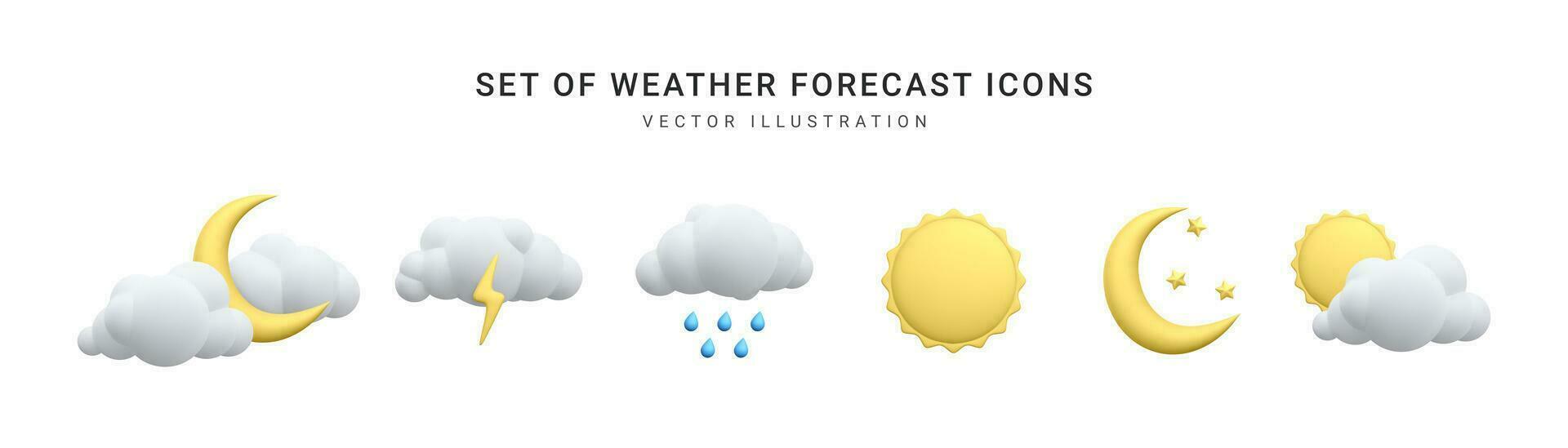 conjunto de 3d realista pronóstico clima íconos aislado en blanco antecedentes. sol, luna, estrella, iluminación, nube, lluvia gotas en dibujos animados estilo. vector ilustración