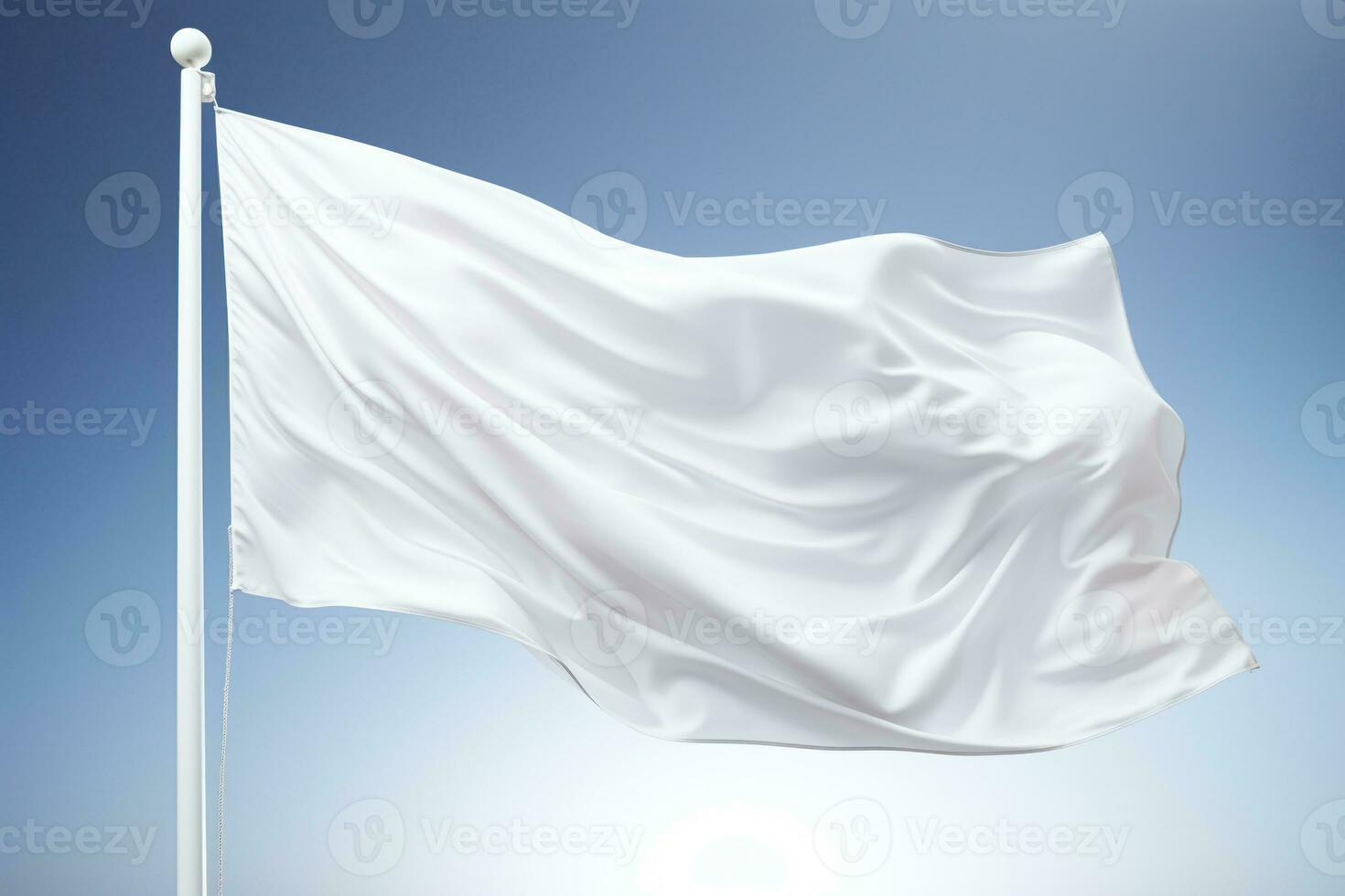 An empty white waving flag on a clear sky. Generative AI photo