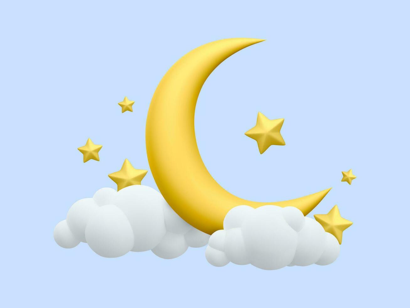 3d realistic yellow crescent moon with stars and clouds. Dream, lullaby, dreams design background for banner, brochure, booklet, poster or website. Vector illustration