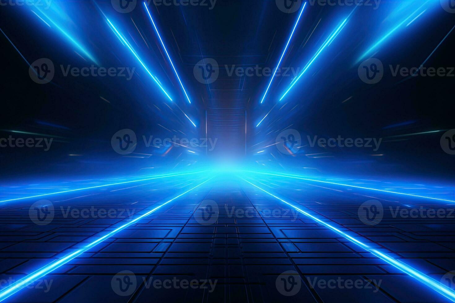 Abstract neon blue background, cyber space, parallel universe, lines, stripes, glow. AI generated photo