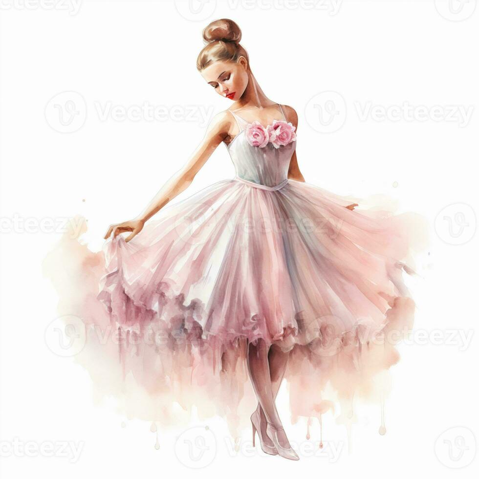 Cute watercolor illustration of a ballerina, pink tutu, pointe shoes, full length graceful slim girl photo