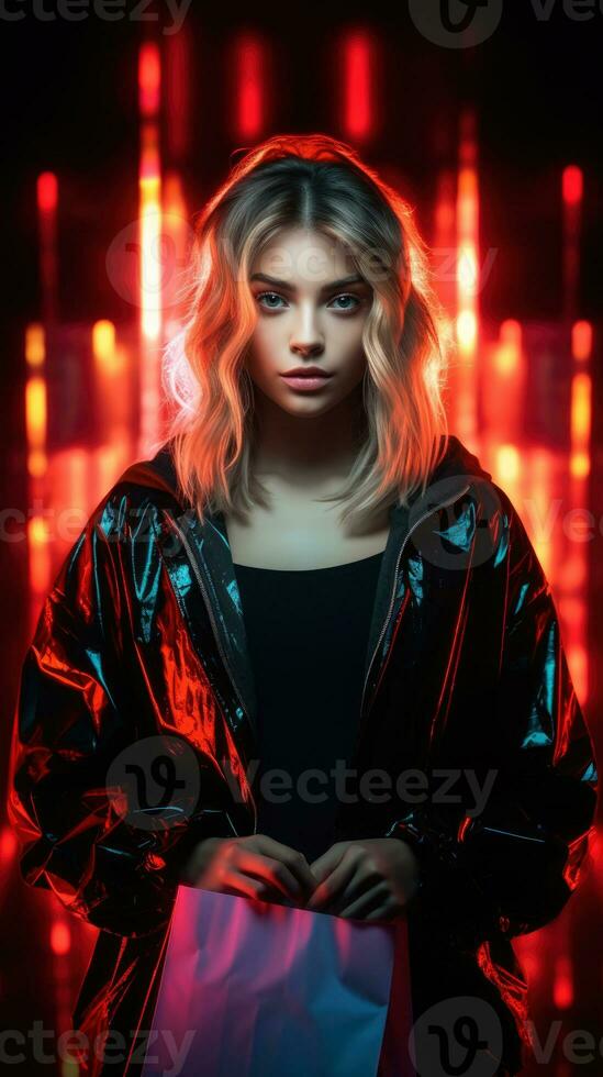 Woman in neon light cyberpunk dark background with shopping bags in black friday, cyber monday sales concept AI Generated photo