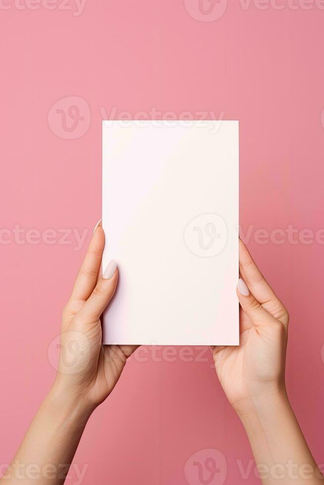 Female hands with blank business card or discount card on Flat color background with copy space AI Generated photo