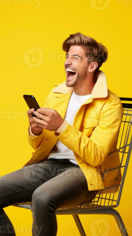 Excited man laughing and using smartphone in shopping cart trolley on yellow background AI Generated photo