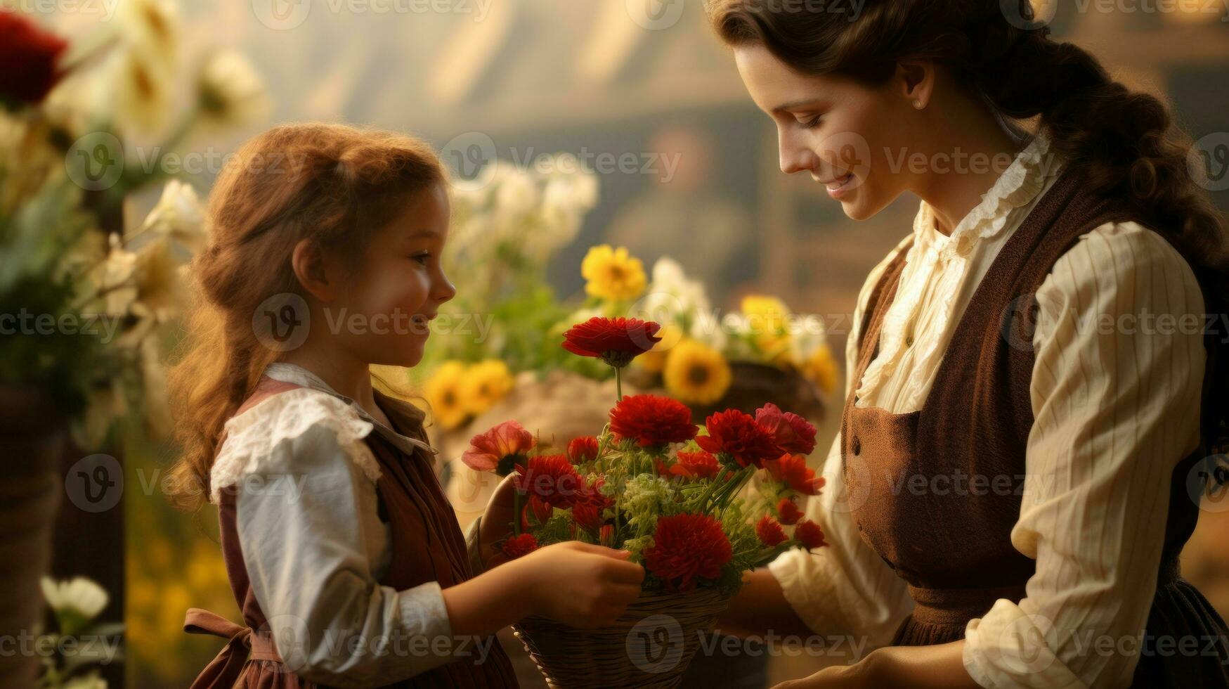 Smiling mother and daughter take care of flowers while gardening at farm AI Generated photo