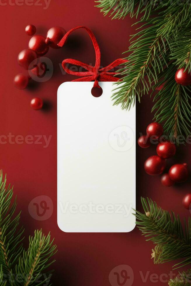 Modern Gift Tag for Christmas Holiday Mockup on red background AI Generated photo