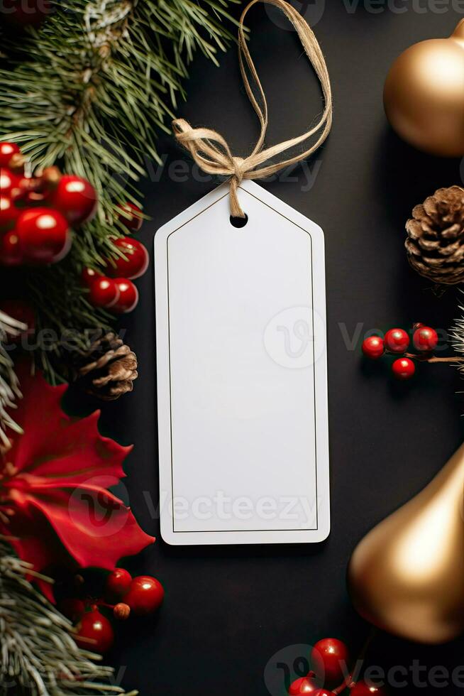 Modern gift tag for Christmas holiday mockup on grey black background AI Generated photo