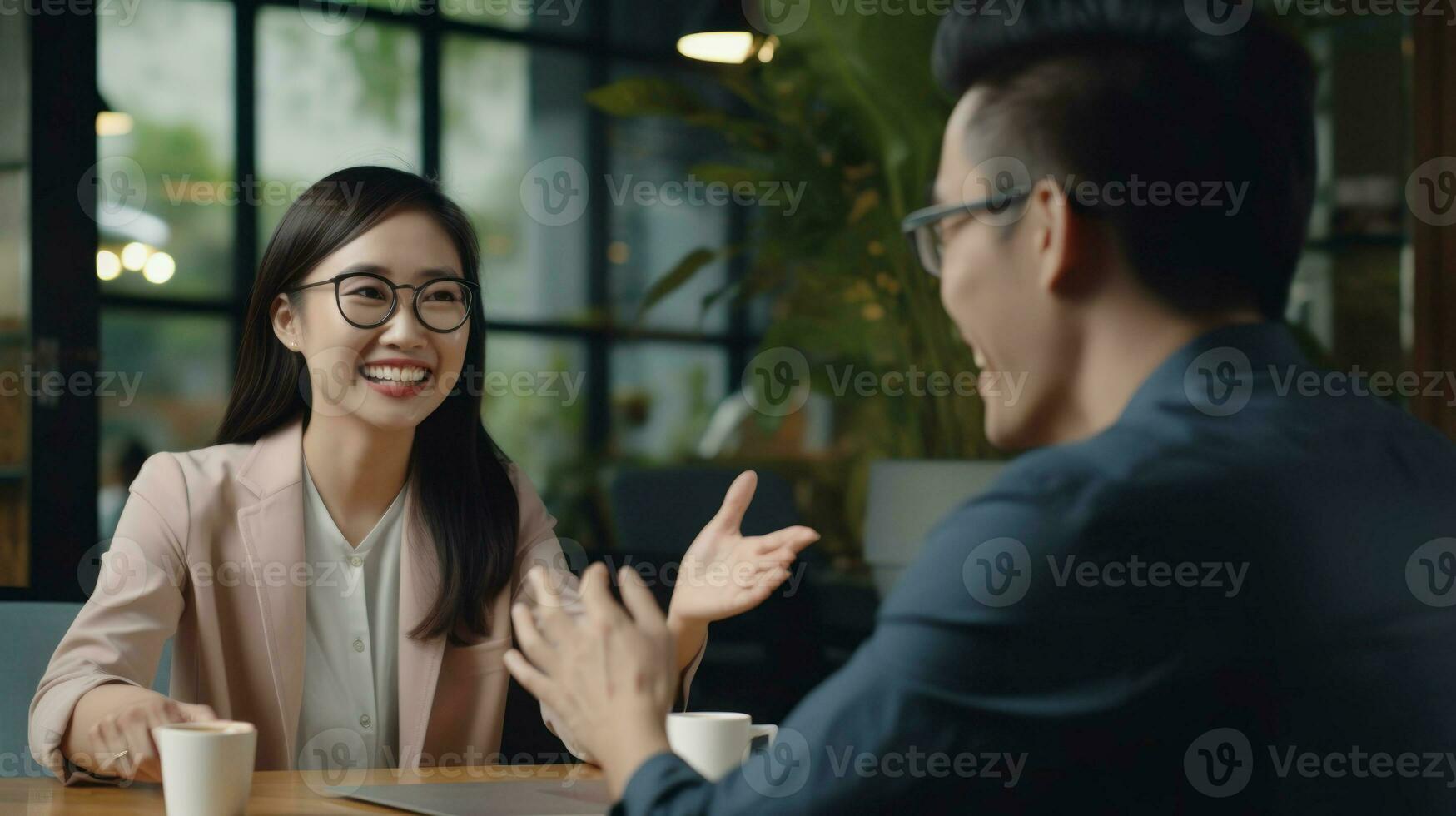 Asian young woman wearing glasses, smiling and waving at her friend AI Generated photo