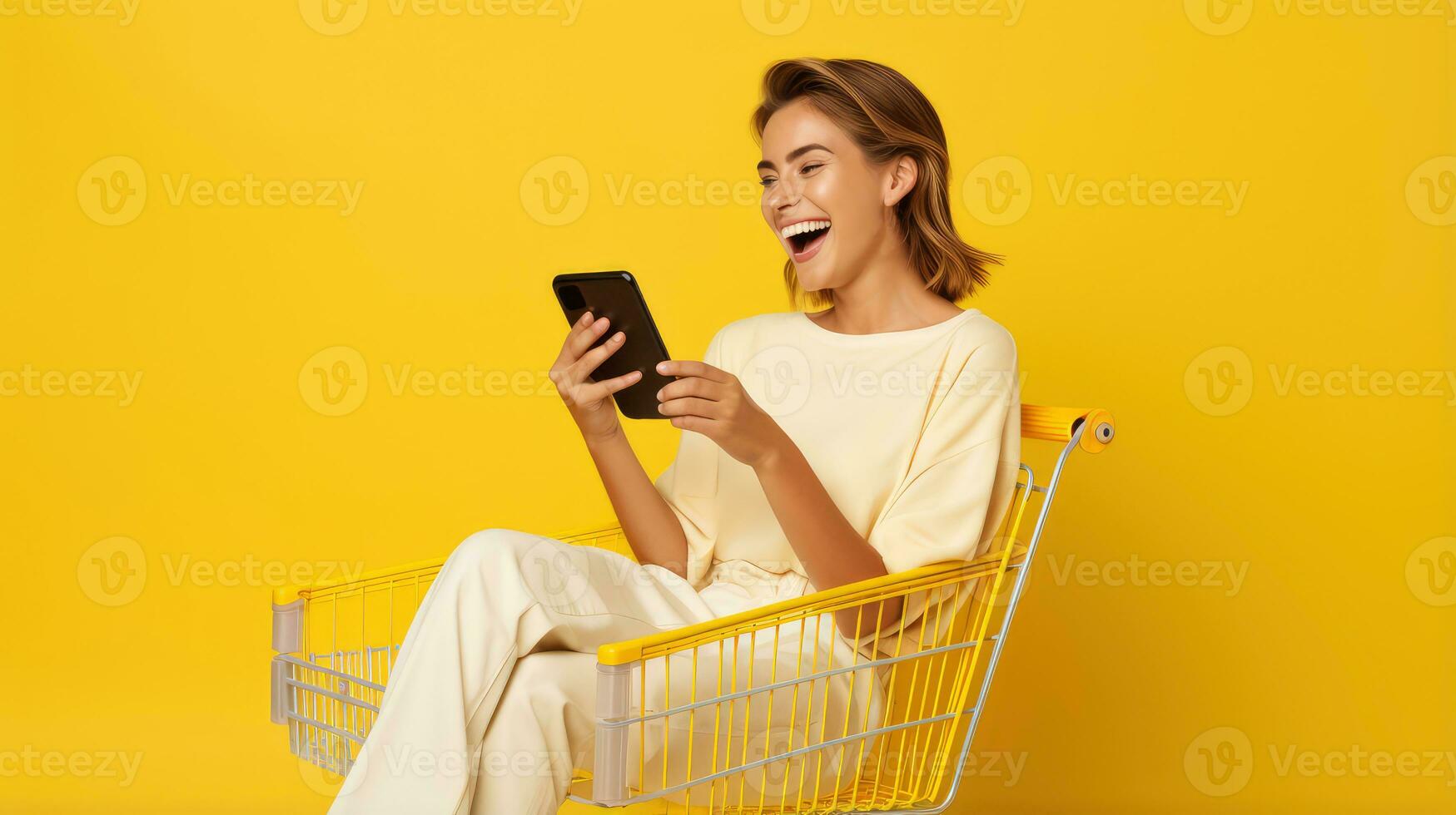 Excited woman laughing and using smartphone in shopping cart trolley on yellow background AI Generated photo