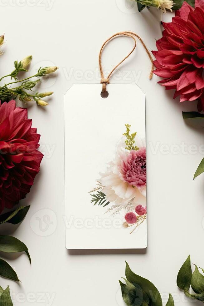 Modern gift tag mock up with red flower perfect for wedding AI Generated photo