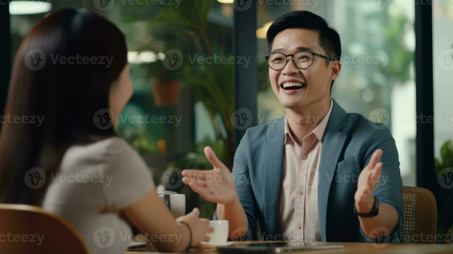 Asian businessman wearing glasses, smiling and waving at his colleague AI Generated photo