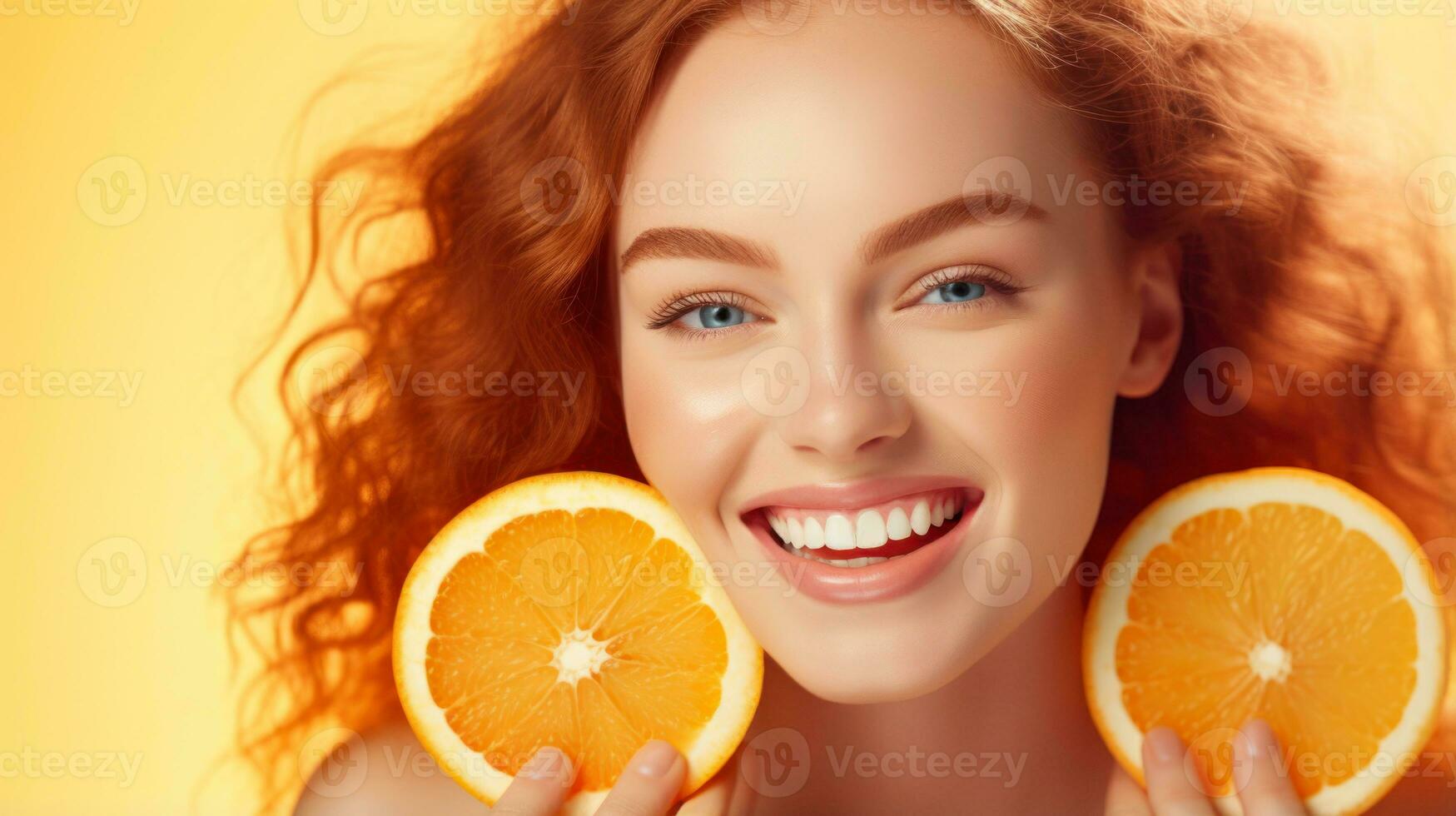 Beautiful Joyful teen model girl takes Juicy oranges slices with funny red hairstyle and professional make up AI Generated photo