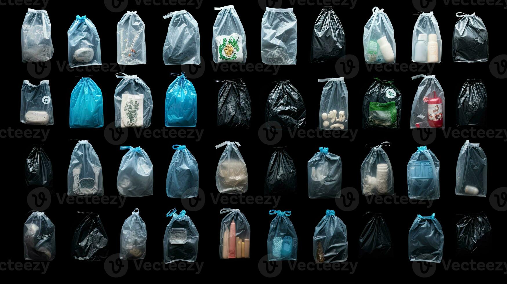 reciclaje el plastico pantalones colección lleno con reciclable botellas latas y basura ai generado foto