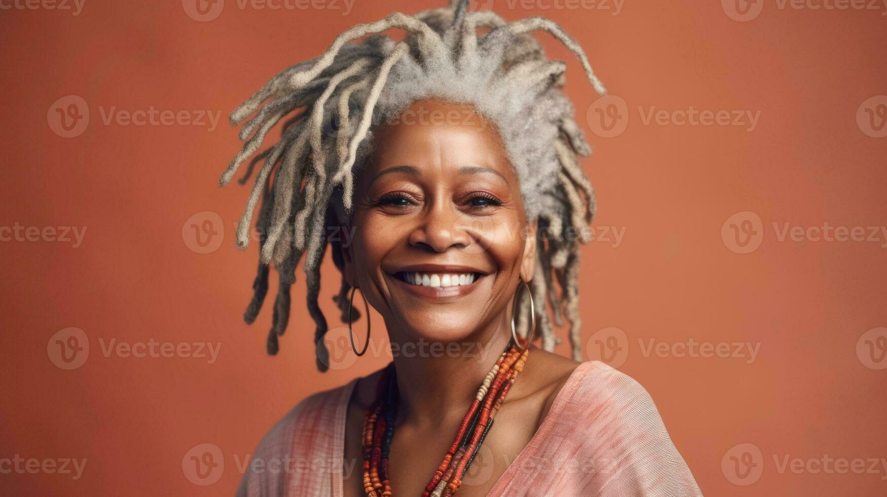 Happy mature african woman smiling cheerfully embracing her natural body with dreadlocks with copyspace AI Generated photo