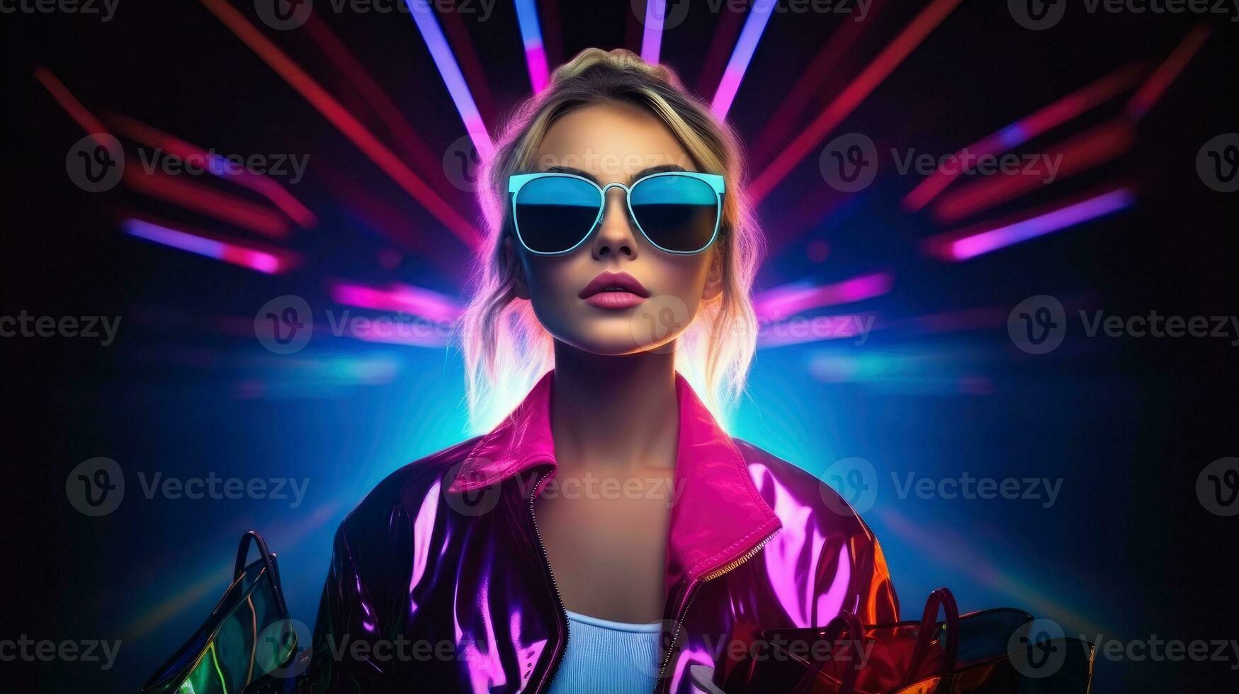 Woman in neon light cyberpunk dark background with shopping bags in black friday, cyber monday sales concept AI Generated photo