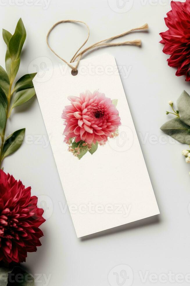 Modern gift tag mock up with red flower perfect for wedding AI Generated photo